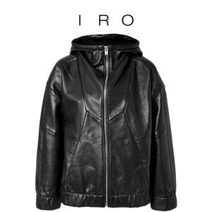 IRO Black Leather Womens Hooded Hoodie Bomber Jacket EU 40, US 8 Fits like large